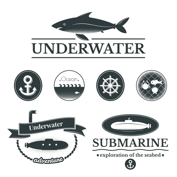 Этикетки и значки с подводными иллюстрациями — стоковый вектор