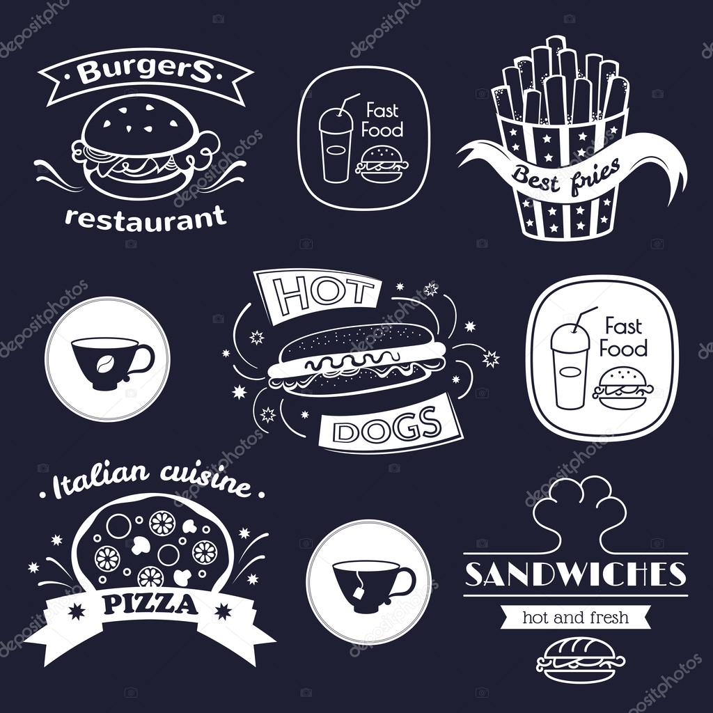 Fast food signs set, retro typography, restaurant logos against dark background