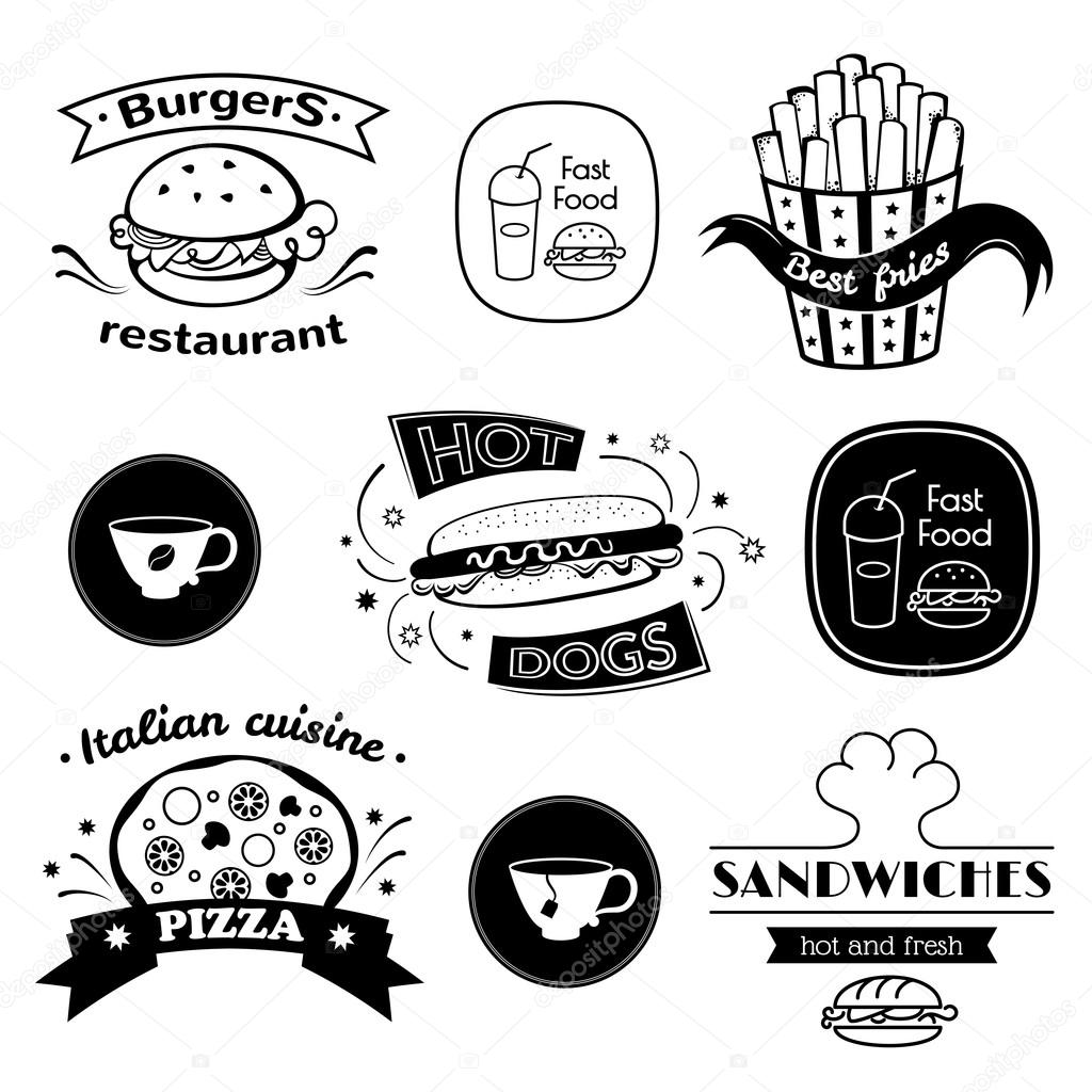 Fast food signs set, retro typography, restaurant logos against white background