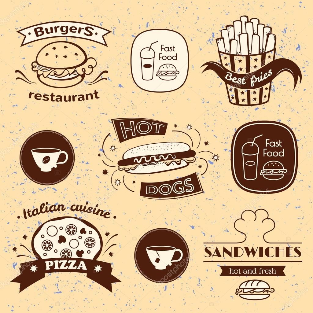 Fast food signs set, retro typography, restaurant logos on grunge background