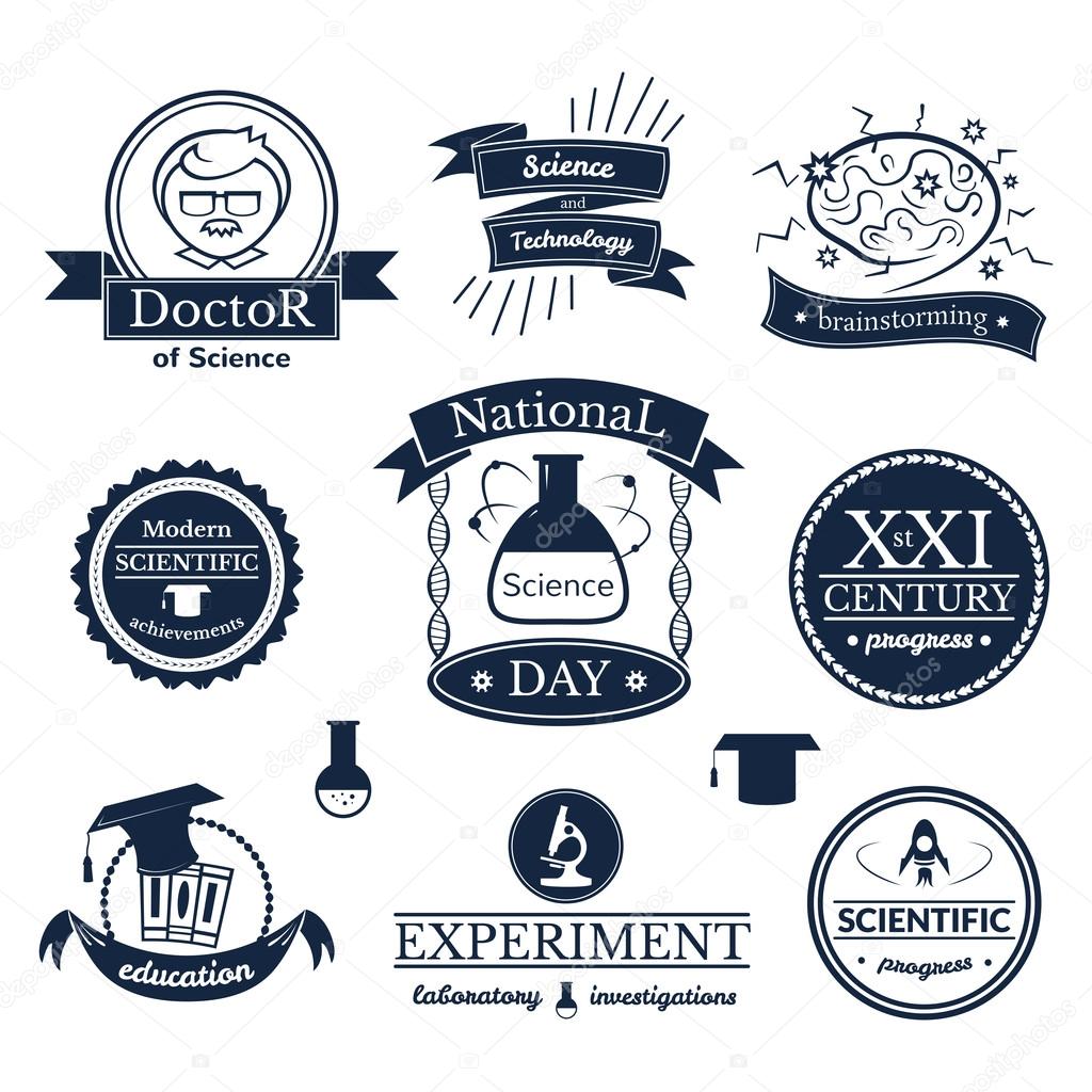 Science and knowledge signs set, retro typography, vector logos against white background