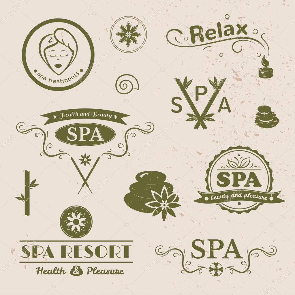 Green SPA logos, vector typography, wellness labels set