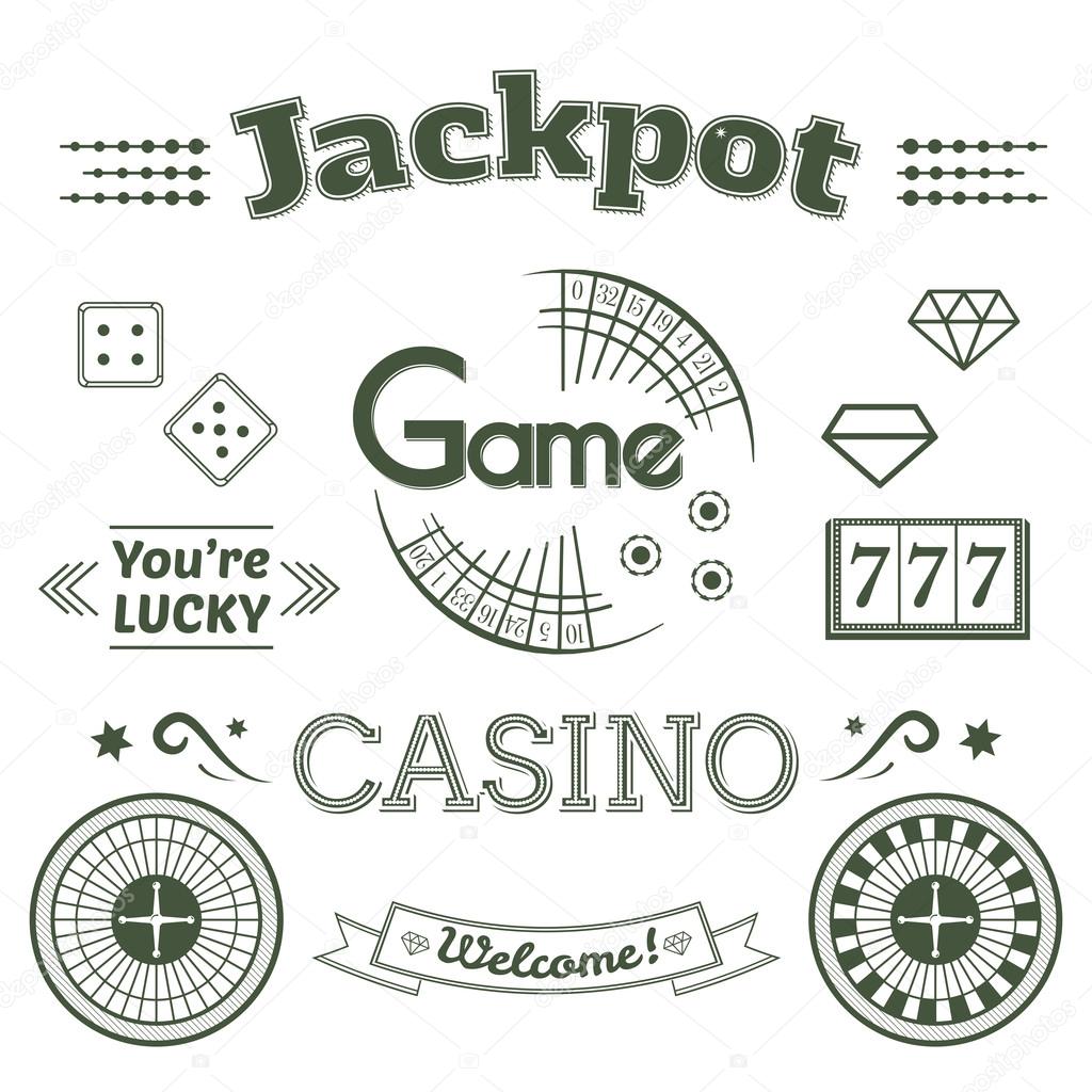 Casino logo and label set, typography design, game roulette against white background