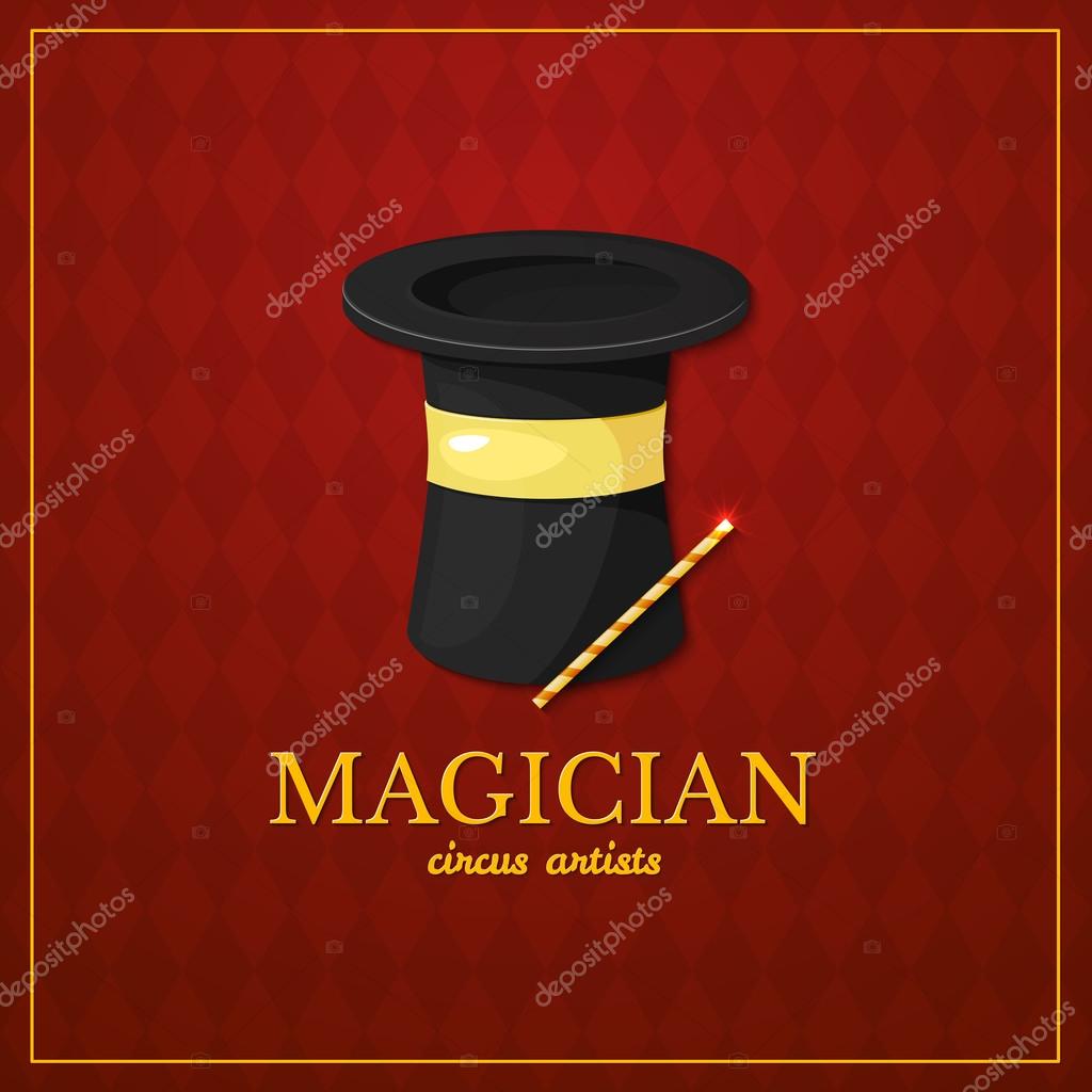 Magician logo, circus picture design hat with a magic wand against red background
