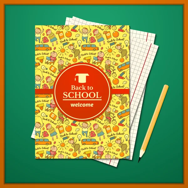 Brochura com crianças de desenhos animados, folhas de papel de caderno e lápis — Vetor de Stock