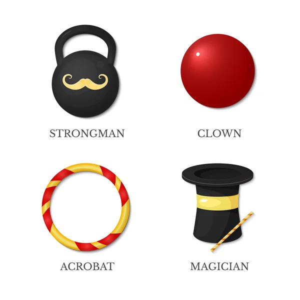 Icons of circus artists, strongman, acrobat, magician, clown — Stock Vector