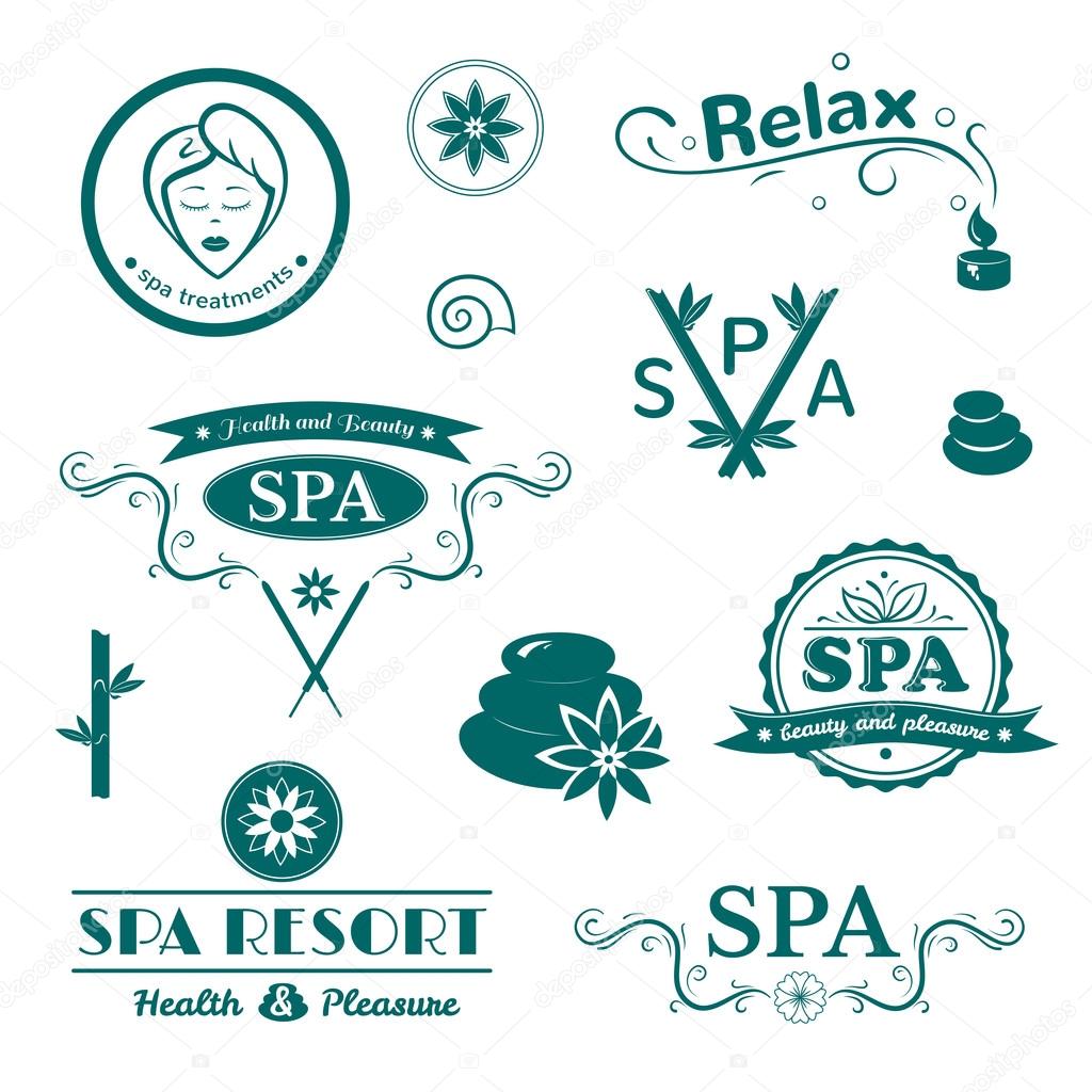 Green SPA logos, wellness labels set against white background