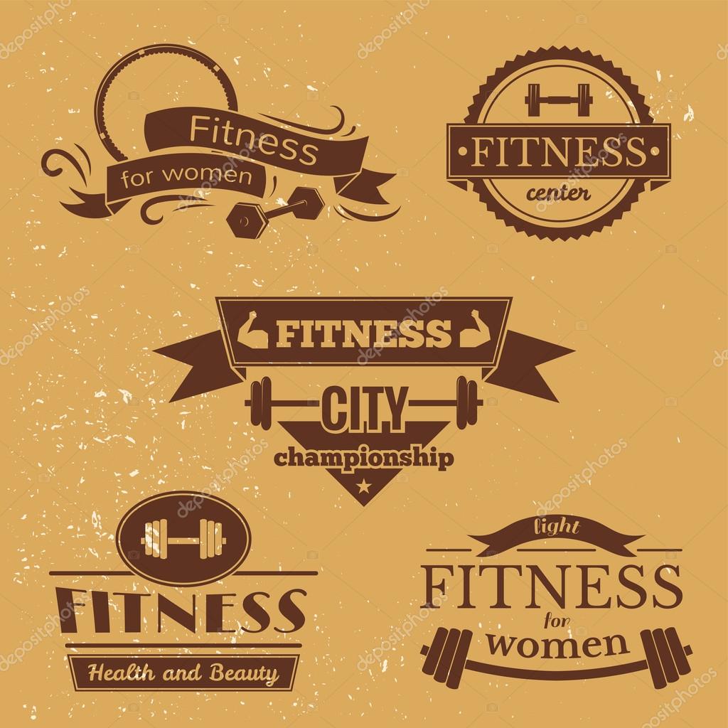 Fitness signs set, sport logos and labels against beige background