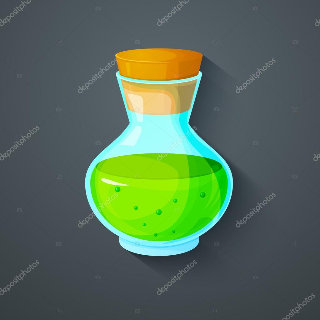 Bottle with green liquid against gray background