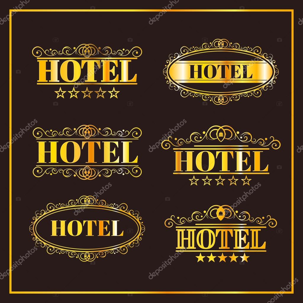 Hotel vintage golden labels, elegant luxury business logos against dark background