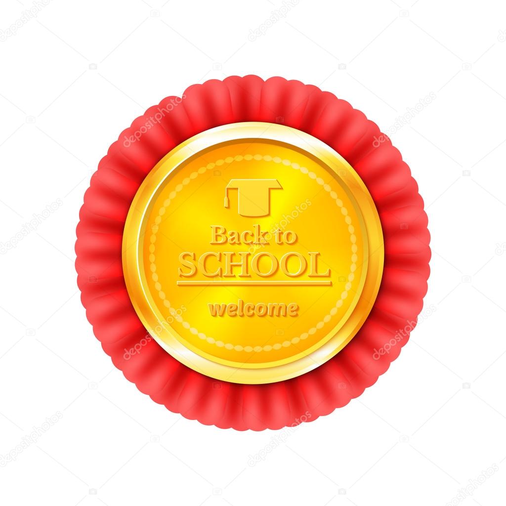 Back to school a gold medal with red ribbon, congratulations with the beginning of the school year