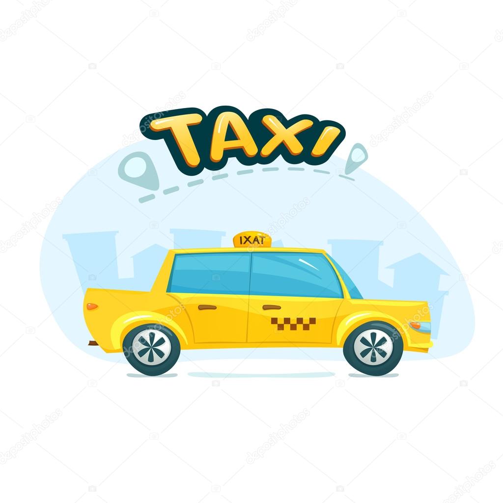 The yellow taxi with cityscape backdrop and  text logo, urban transport, vector illustration