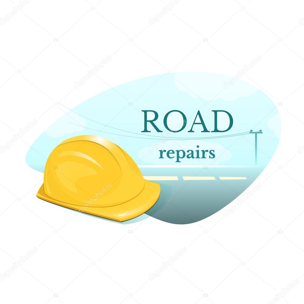 Road repair concept design, yellow protective helmet of worker, vector illustration