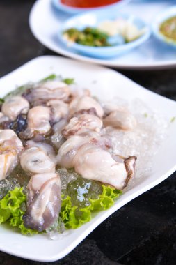 Ezilmiş buz bir yatakta Taze İstiridye.