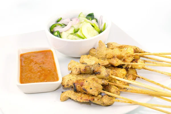 Grilled Pork Satay Peanut Sauce Vinegar White Background — Stock Photo, Image