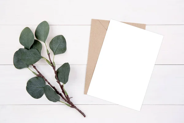 Blank Paper Sheet Copy Space Mockup Leaf Wooden Table Card — Stock Photo, Image