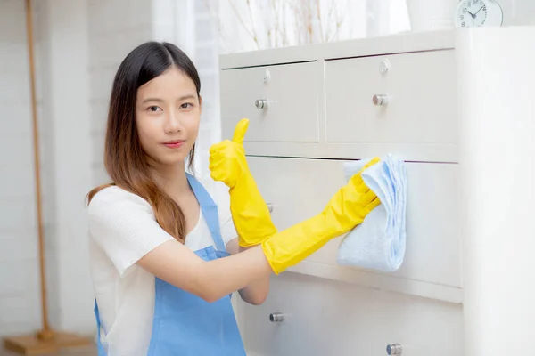 Young Asian Woman Gloves Cleaning Home Room Housekeeper Wipe Fabric — Stock Photo, Image