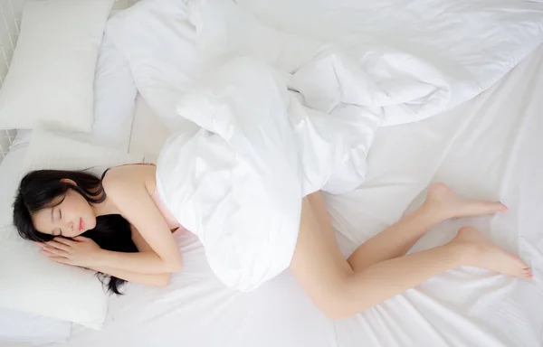 Beautiful Asian Young Woman Underwear Sleep Lying Bed Comfort Happy — Stock Photo, Image