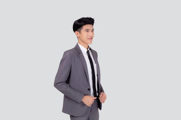 Retrato Jovem Asiático Empresário Terno Sorrindo Com Confiante Amigável Isolado — Fotografia de Stock