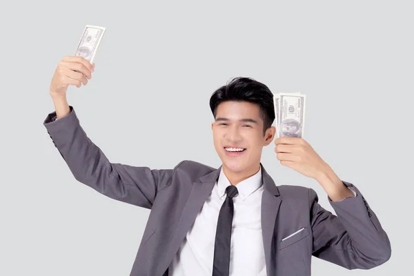 Молодий Азіатський Бізнесмен Тримає Долари Ізольовані Білому Тлі Бізнесмен Костюмі — стокове фото