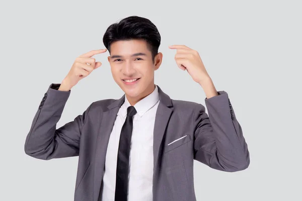 Portrait Young Asian Business Man Suit Smart Thinking Idea Intelligent — Stok Foto