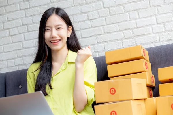 Mujer Asiática Joven Comerciante Utilizando Ordenador Portátil Sofá Comprobar Orden —  Fotos de Stock