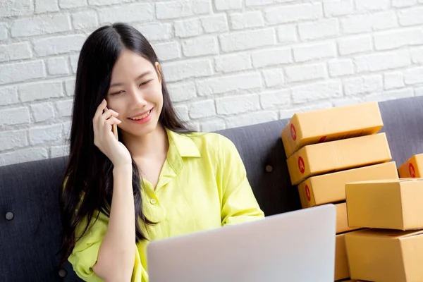 Mujer Asiática Joven Empresario Hablando Con Cliente Uso Ordenador Portátil —  Fotos de Stock
