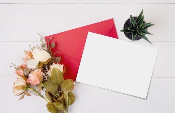 Valentine Day Greeting Card Mockup Letter Flower Wooden Table Postcard — 图库照片