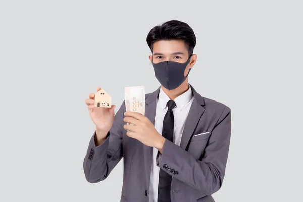 Νεαρός Ασιάτης Επιχειρηματίας Μάσκα Προσώπου Που Κρατάει Χρήματα Ταϊλανδός Και — Φωτογραφία Αρχείου