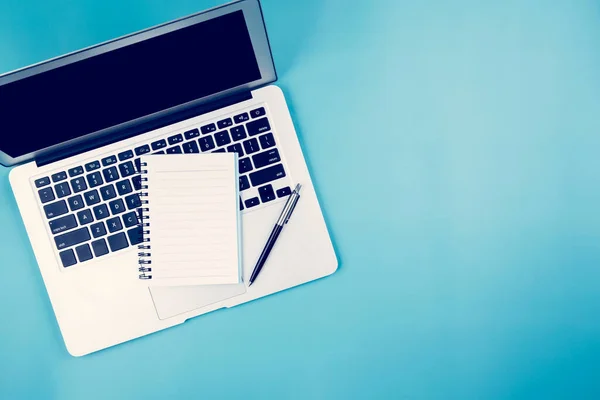 Flat lay of Laptop computer and plant and pen on desk in office, workplace and notebook and potted tree and book, workspace and copy space, top view, object with above, business concept.