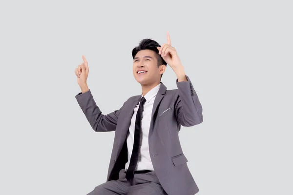 Portrait Young Asian Business Man Pointing Presenting Isolated White Background — Stock Photo, Image