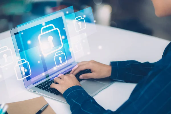 Цифровая Сеть Кибербезопасность Безопасности Конфиденциальности Данных Бизнесмен Использующий Ноутбук Компьютер — стоковое фото