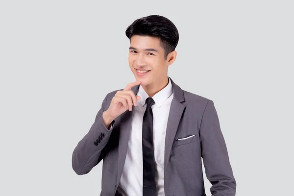 Portrait Young Asian Business Man Suit Smart Thinking Idea Isolated — Stok Foto