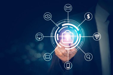 İşadamlarının elleri ikon kilit işaretine basarken, siber güvenliğin parmak, veri ve gizlilik erişimi dijital sanal koruma, sistem korumasının yeniliği, iş dünyasının geleceksel kavramı.