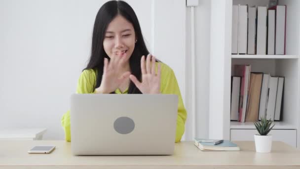 Young Asian Business Woman Using Laptop Computer Video Conference Online — Stock Video