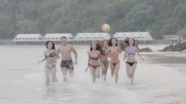 美しいグループ若いアジア人男性と女性ビキニでセクシーな幸せと楽しい夏にビーチでスポーツボールをプレイ 週末に海岸で一緒に友人の休暇のための活動 友情の概念 — ストック動画