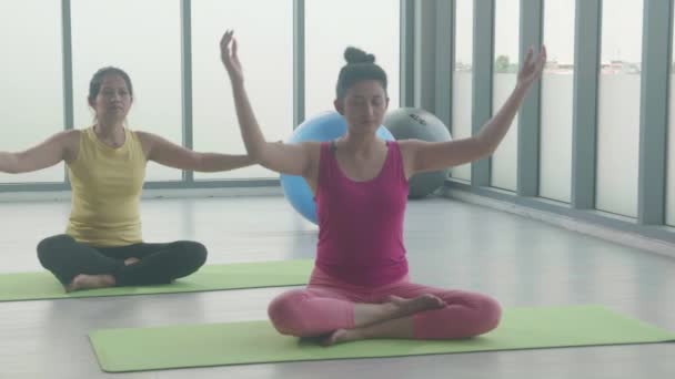 Genç Kadın Arkadaşları Evde Elleri Minder Üzerinde Yoga Yaparken Kadın — Stok video