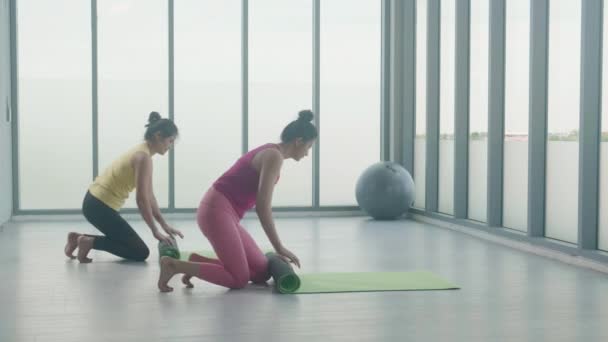 Genç Kadın Arkadaşları Evde Meditasyon Hazırlığı Dinlenme Egzersizi Için Yoga — Stok video