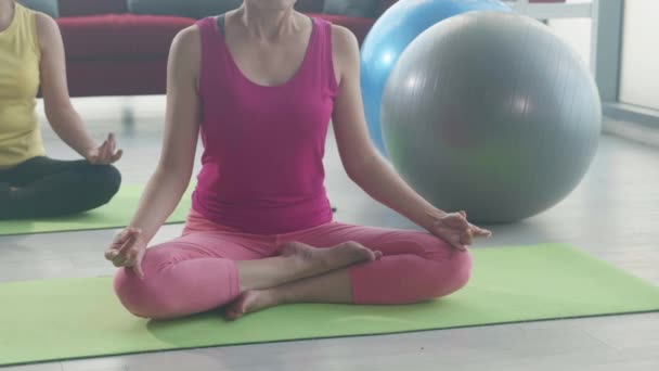 Jeune Femme Ses Amis Faisant Yoga Avec Méditation Sur Tapis — Video