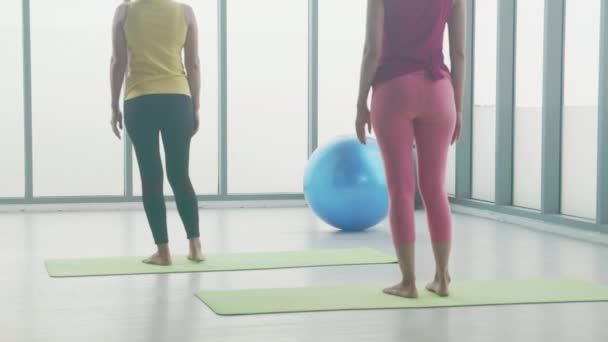 Jonge Vrouw Vrienden Doen Training Yoga Met Stretch Beenspier Mat — Stockvideo