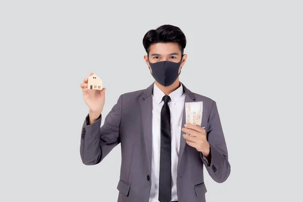 Jonge Aziatische Zakenman Het Gezicht Masker Houden Geld Thaise Huis — Stockfoto