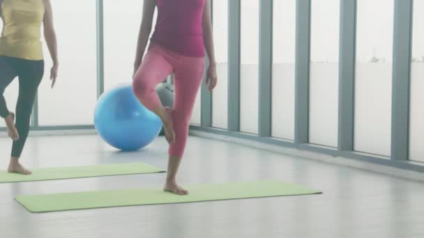 年轻女性和朋友在家里做伸展腿肌肉的瑜伽训练 女性做运动时做运动时保持镇静 练习和锻炼促进俱乐部的健康 — 图库视频影像
