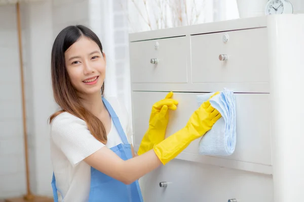 Young Asian Woman Gloves Cleaning Home Room Housekeeper Wipe Fabric — Stock Photo, Image