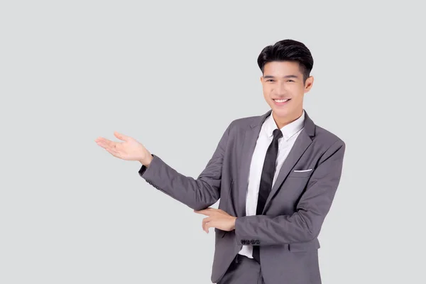 Portrait Young Asian Business Man Suit Presenting Isolated White Background — Stock Photo, Image