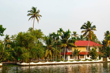 Alappuzha ya da Alleppey, Kerala, INDIA - 09 Şubat 2016: Kırmızı çatılı bir ev gölde. Ev palmiye ağaçlarıyla çevrili. Alappuzha (Alleppey). Kerala Turizmi