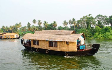 Alappuzha ya da Alleppey, Kerala, INDIA - Şubat 09, 2016: Suyun üzerinde sazdan çatılı ve etrafı ağaçlar ve palmiye ağaçlarıyla çevrili bir tekne. Alappuzha (Alleppey). Kerala
