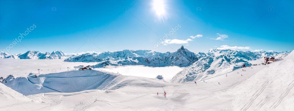 Panorama of Mountains Range, winter Landscape in French Alps.