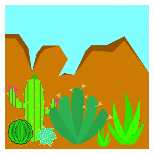 Woestijnlandschap Met Cactus Bergen Achtergrond — Stockvector