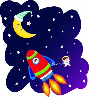 Childish and colorful space design with the Moon with a nightcap, stars and two astronauts with their rocket
