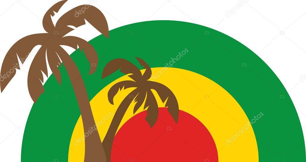 Design of a palm trees with a colorful circular background in reggae style